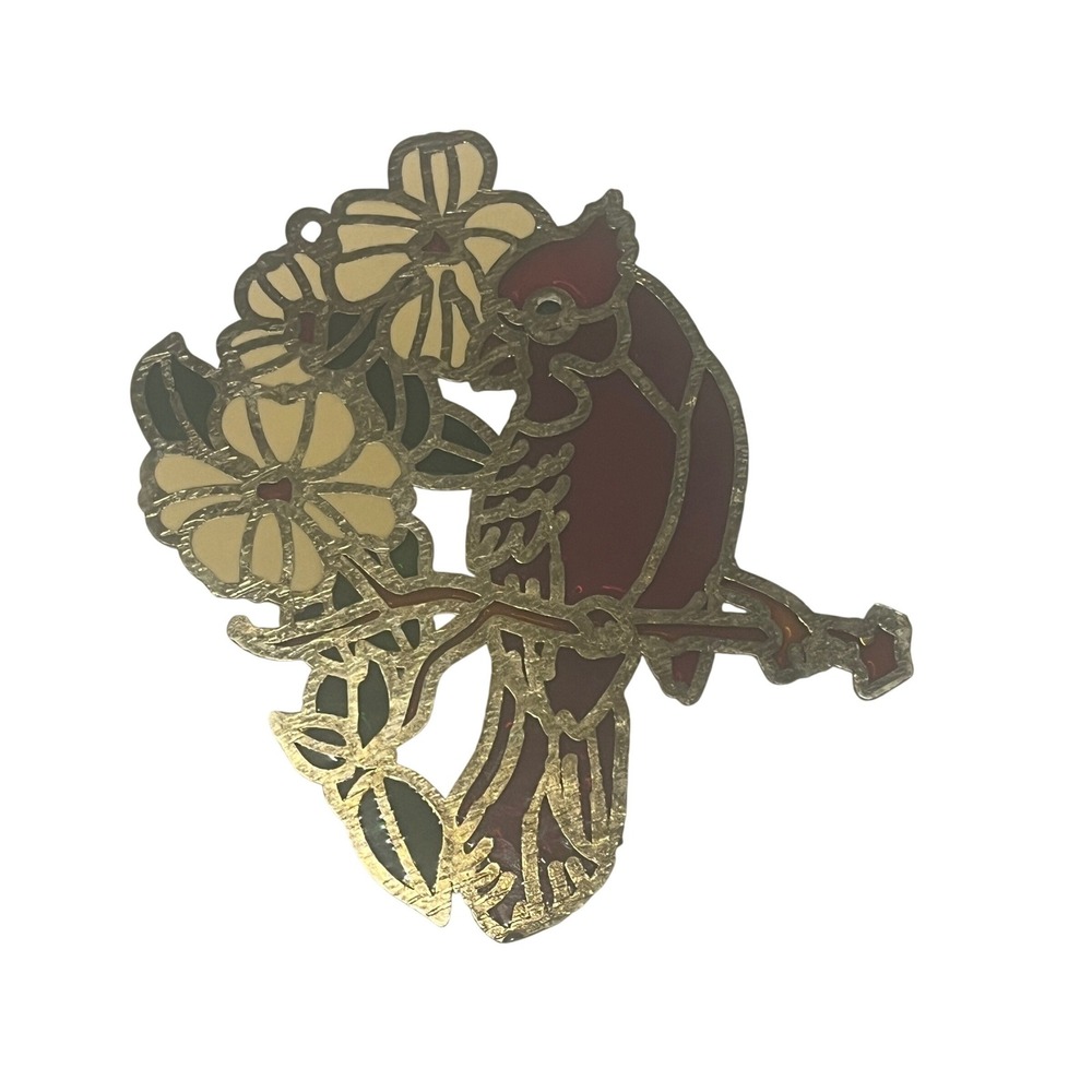 Stained Glass Cardinal Bird Ornament with‎ Flowers Metal Suncatcher